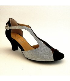 Scarpa da ballo donna latino americano liscio da sala spuntata art. 427 camoscio nero glitter argento suola bufalo tacco 50