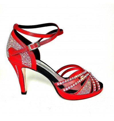 Scarpa da ballo donna latino americano ballo da sala liscio raso rosso strass boreali plateau suola cuoio tacco 85 stiletto