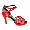 Scarpa da ballo donna latino americano ballo da sala liscio raso rosso strass boreali plateau suola cuoio tacco 85 stiletto