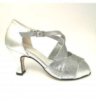 Scarpa da ballo donna latino americano ballo da sala liscio pelle glitter argento suola cuoio pomiciato tacco 70 rocchetto