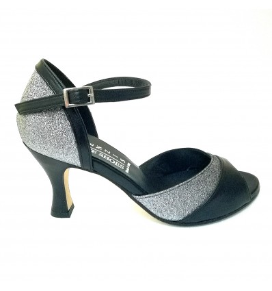 Scarpa da ballo donna latino americano ballo da sala liscio pelle nero glitter canna di fucile suola cuoio pomiciato tacco 70