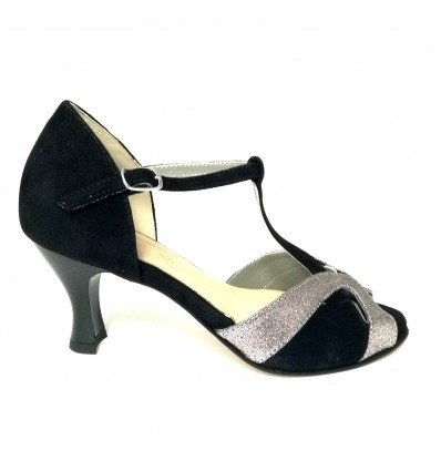 Scarpa da ballo donna latino americano ballo da sala liscio camoscio nero glitter arcobaleno suola cuoio tacco 70 rocchetto