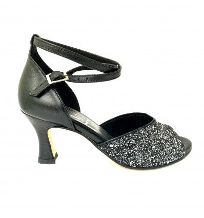 Scarpa da ballo donna latino americano ballo da sala liscio pelle nero glitter canna di fucile suola cuoio tacco 70 rocchetto