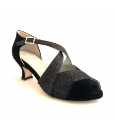 Scarpa da ballo donna latino liscio spuntata camoscio nero glitter nero suola cuoio tacco 50