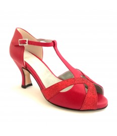 Scarpa da ballo donna latino americano liscio da sala spuntata pelle glitter rosso suola cuoio tacco 70 rocchetto