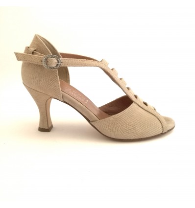 Scarpa da ballo donna latino americano ballo da sala liscio nabuk stampato beige suola cuoio pomiciato tacco 70 rocchetto