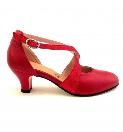 Scarpa da ballo donna ballo da sala liscio latino tango pelle glitter rosso suola cuoio pomiciato tacco 50