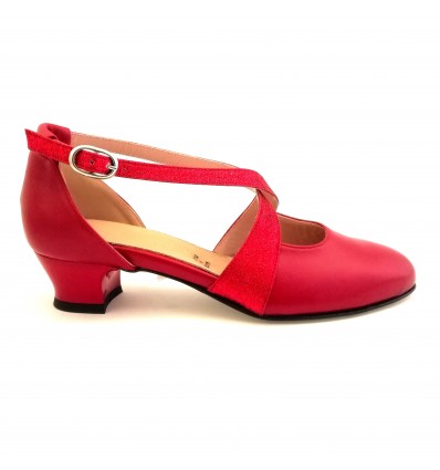 Scarpa da ballo donna ballo da sala liscio tango latino pelle glitter rosso suola cuoio pomiciato tacco 30 largo