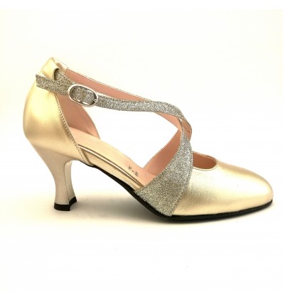 Scarpa da ballo donna ballo da sala liscio tango latino pelle glitter platino suola bufalo tacco 70 rocchetto