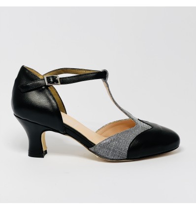 Scarpa da ballo donna ballo da sala liscio pelle nero tessuto galassia suola cuoio pomiciato tacco 50