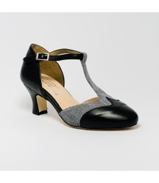 Scarpa da ballo donna ballo da sala liscio pelle nero tessuto galassia suola cuoio pomiciato tacco 50