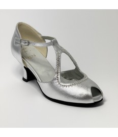 Scarpa da ballo donna latino americano ballo da sala liscio pelle argento strass suola bufalo tacco 50 rocchetto