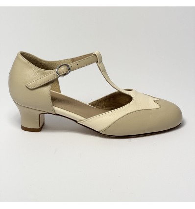 Scarpa da ballo donna ballo da sala liscio pelle carne e beige suola cuoio pomiciato tacco 40 largo