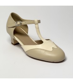 Scarpa da ballo donna ballo da sala liscio pelle carne e beige suola cuoio pomiciato tacco 40 largo