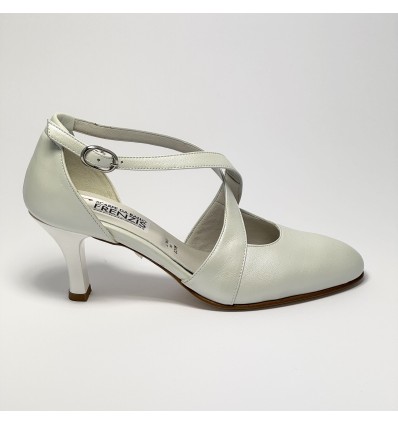 Scarpa da ballo donna ballo da sala liscio cerimonia sposa pelle bianco perlato suola cuoio pomiciato tacco 65 rocchetto