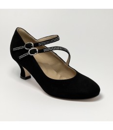 Scarpa da ballo donna ballo da sala liscio standard camoscio nero strass suola cuoio pomiciato tacco 50 rocchetto