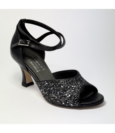 Scarpa da ballo donna latino americano ballo da sala liscio pelle nero glitter canna di fucile suola cuoio tacco 70 rocchetto