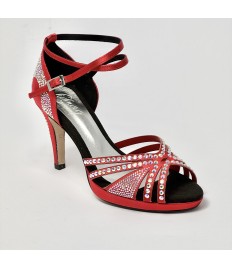 Scarpa da ballo donna latino americano ballo da sala liscio raso rosso strass boreali plateau suola cuoio tacco 85 stiletto