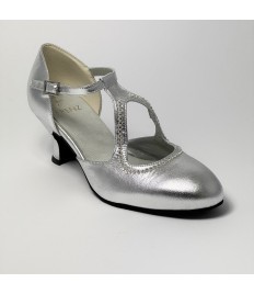 Scarpa da ballo donna ballo da sala liscio pelle argento strass suola bufalo tacco 50 rocchetto