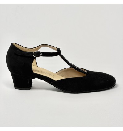 Scarpa da ballo donna ballo da sala liscio standard camoscio nero strass suola bufalo tacco 30 largo