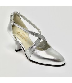 Scarpa da ballo donna ballo da sala liscio pelle argento glitter argento suola cuoio pomiciato tacco 70 rocchetto