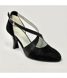 Scarpa da ballo donna ballo da sala liscio satinato polvere nero glitter nero suola bufalo tacco 70 rocchetto