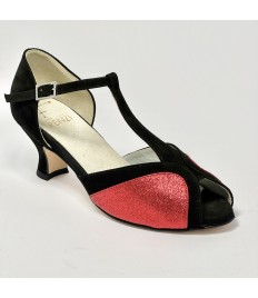 Scarpa da ballo donna latino liscio spuntata camoscio nero glitter rosso suola cuoio tacco 50 rocchetto