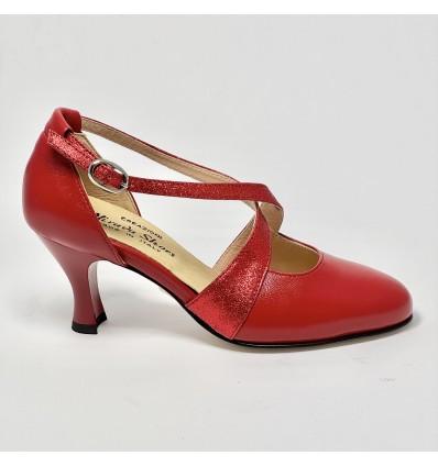 Scarpa da ballo donna ballo da sala liscio standard pelle glitter rosso suola cuoio pomiciato tacco 70 rocchetto