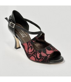 Scarpa da ballo donna latino americano ballo da sala liscio pizzo rosso nero pelle nera suola cuoio pomiciato tacco 70 rocchetto