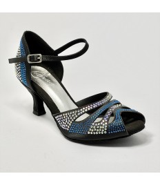 Scarpa da ballo donna latino americano ballo da sala liscio raso nero strass boreali e blu suola bufalo tacco 60 rocchetto