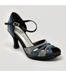 Scarpa da ballo donna latino americano ballo da sala liscio raso nero strass boreali e blu suola bufalo tacco 70 rocchetto