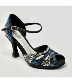 Scarpe da ballo donna latino americano ballo da sala liscio raso nero strass boreali e blu suola in bufalo tacco 80 rocchetto