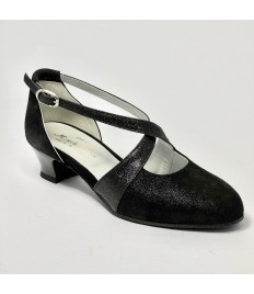 Scarpa da ballo donna ballo da sala liscio standard punta chiusa nabuk polvere e glitter nero suola bufalo tacco 30 largo